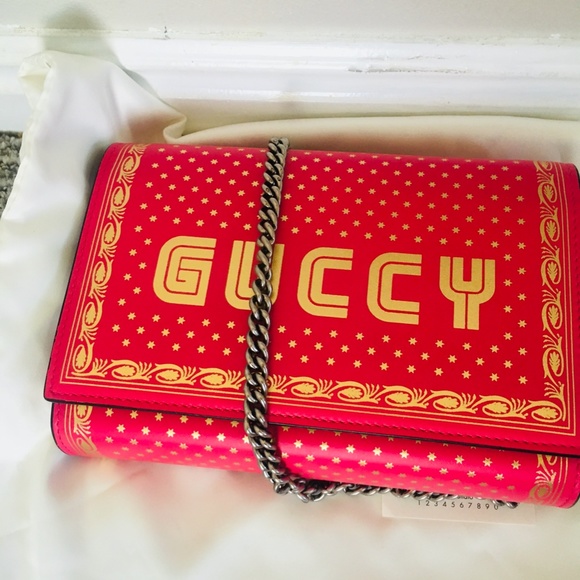 New Authentic Gucci Guccy Logo Moon & Stars Leather Wallet Chain Small P… - Picture 11 of 15